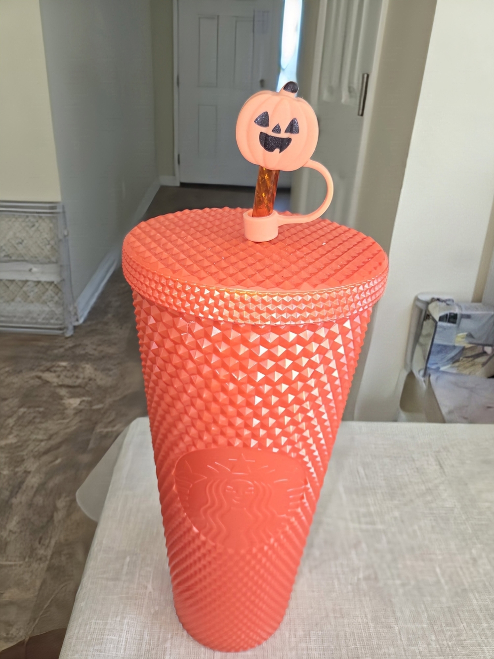 Starbucks Coral Studded Tumbler with Pumpkin Straw Topper